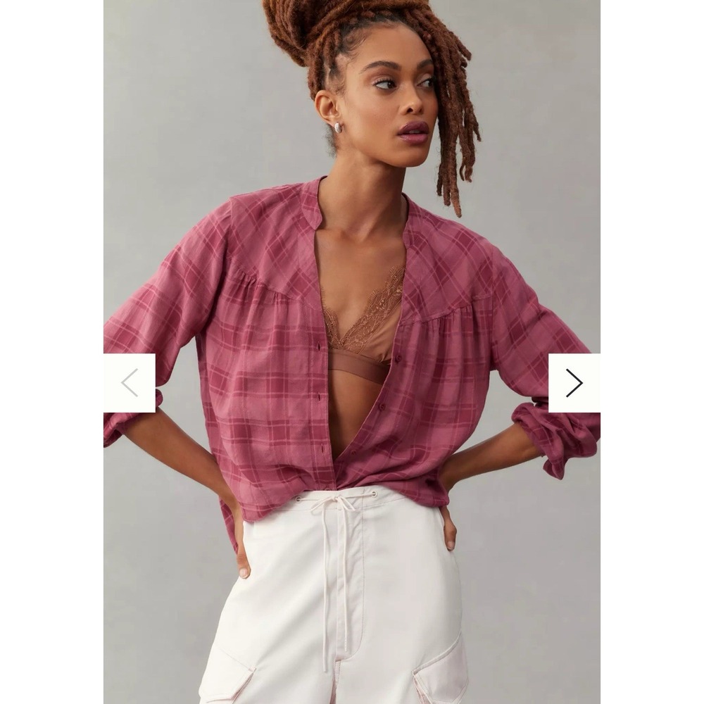 Anthropologie Cloth & Stone Plaid Pink Long Sleeve Blouse Women's XS Boho SEE